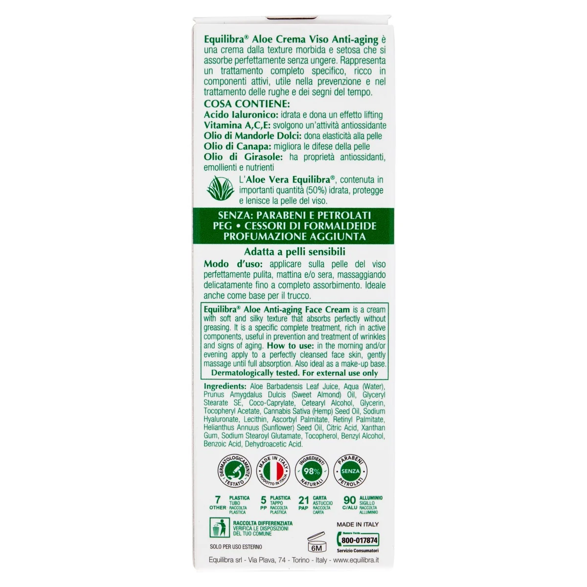 Equilibra Aloe Crema Antiaging 50Ml Senza Parabeni