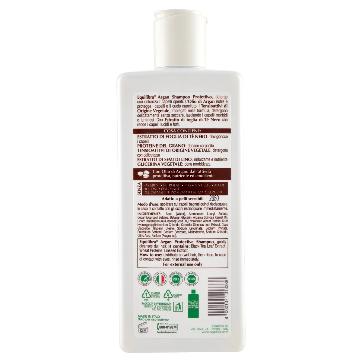 Equilibra Argan Shampoo Protettivo 250 Ml Per Capelli Spenti