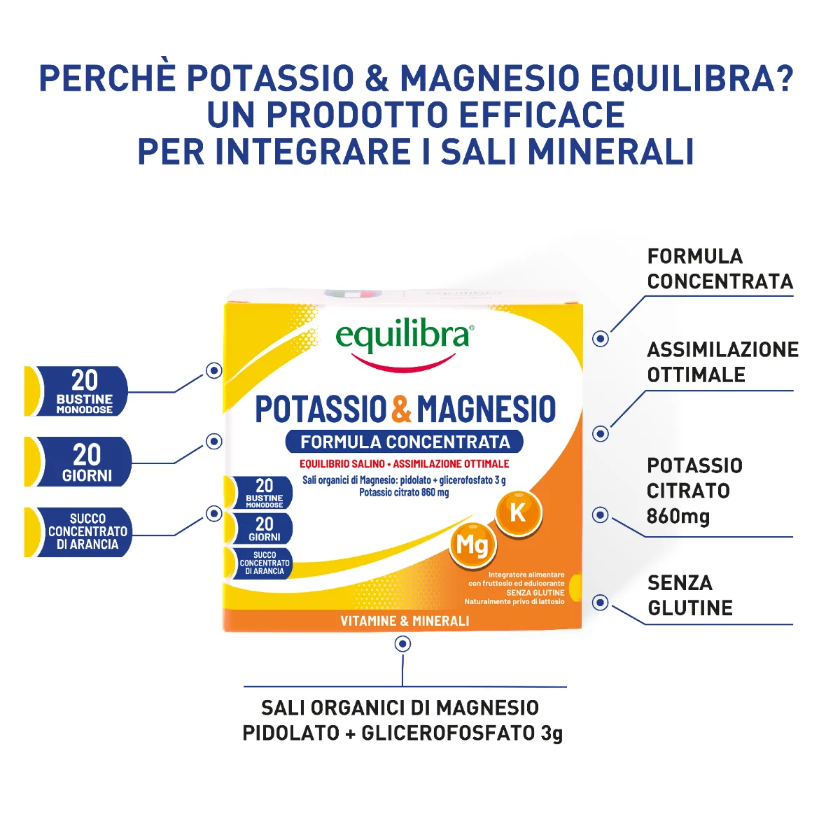 Equilibra Potassio & Magnesio Formula Concentrata 20 Bustine Integratore contro Stanchezza e Affaticamento
