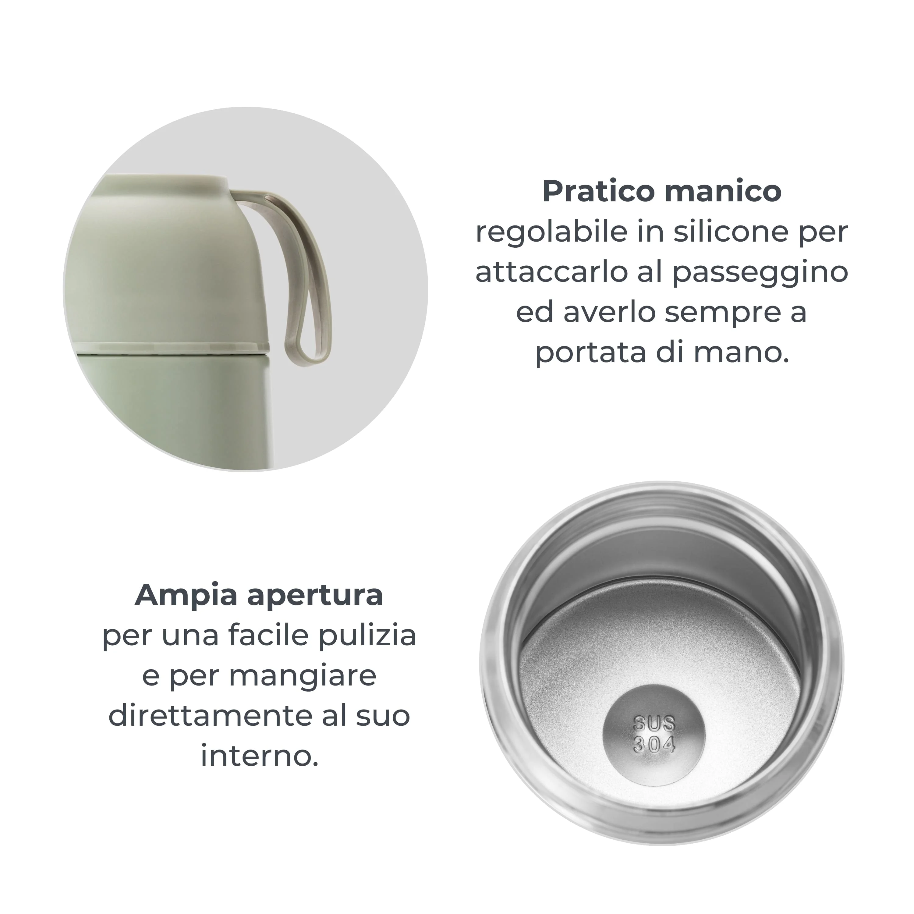 Sage Green Contenitore Termico con Manico in Silicone per Cibi Liquidi e Solidi 620 ml Contenitore Isotermico