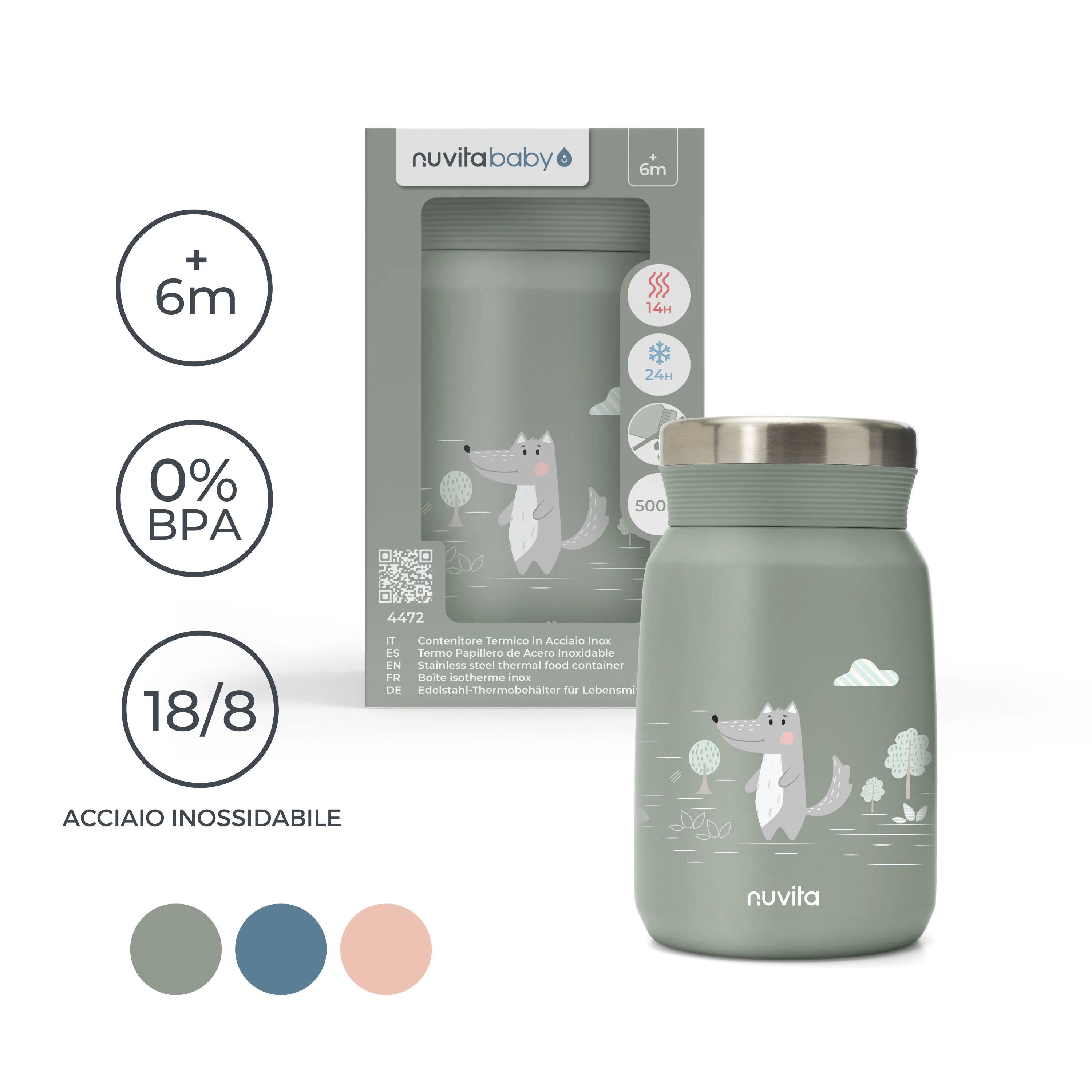Nuvita Contenitore Termico in Acciaio Inox per Cibi liquidi e Solidi 500Ml Sage Green Contenitore Isotermico