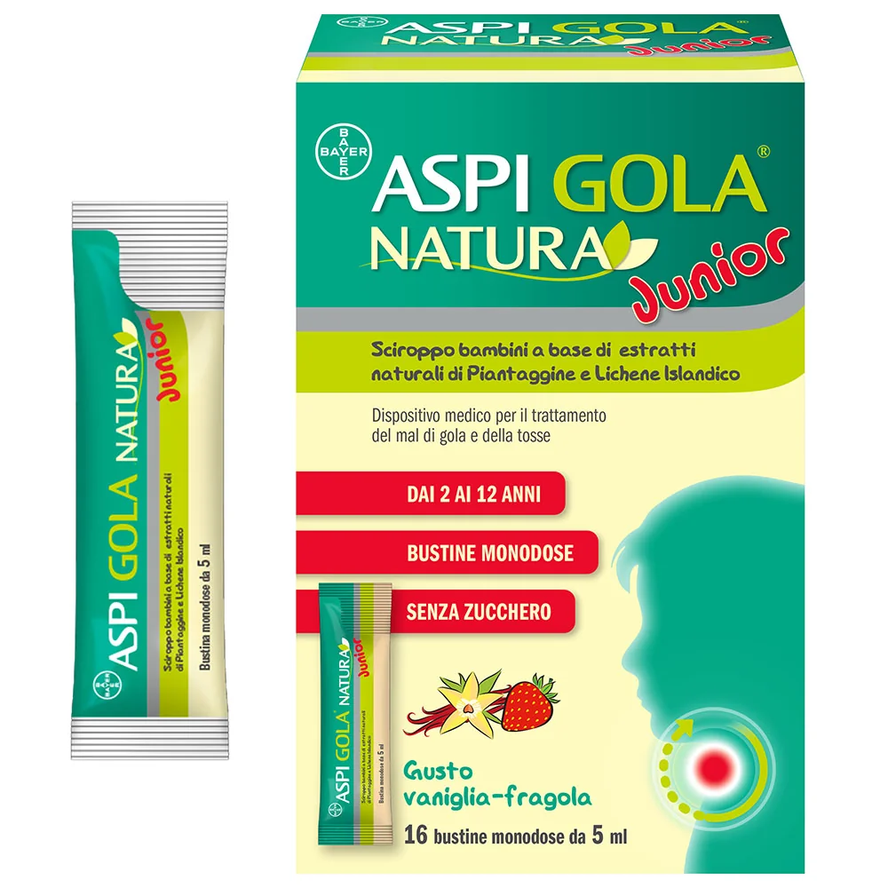 Aspi Gola Natura Junior Sciroppo 16 Bustine Mal di Gola e Tosse