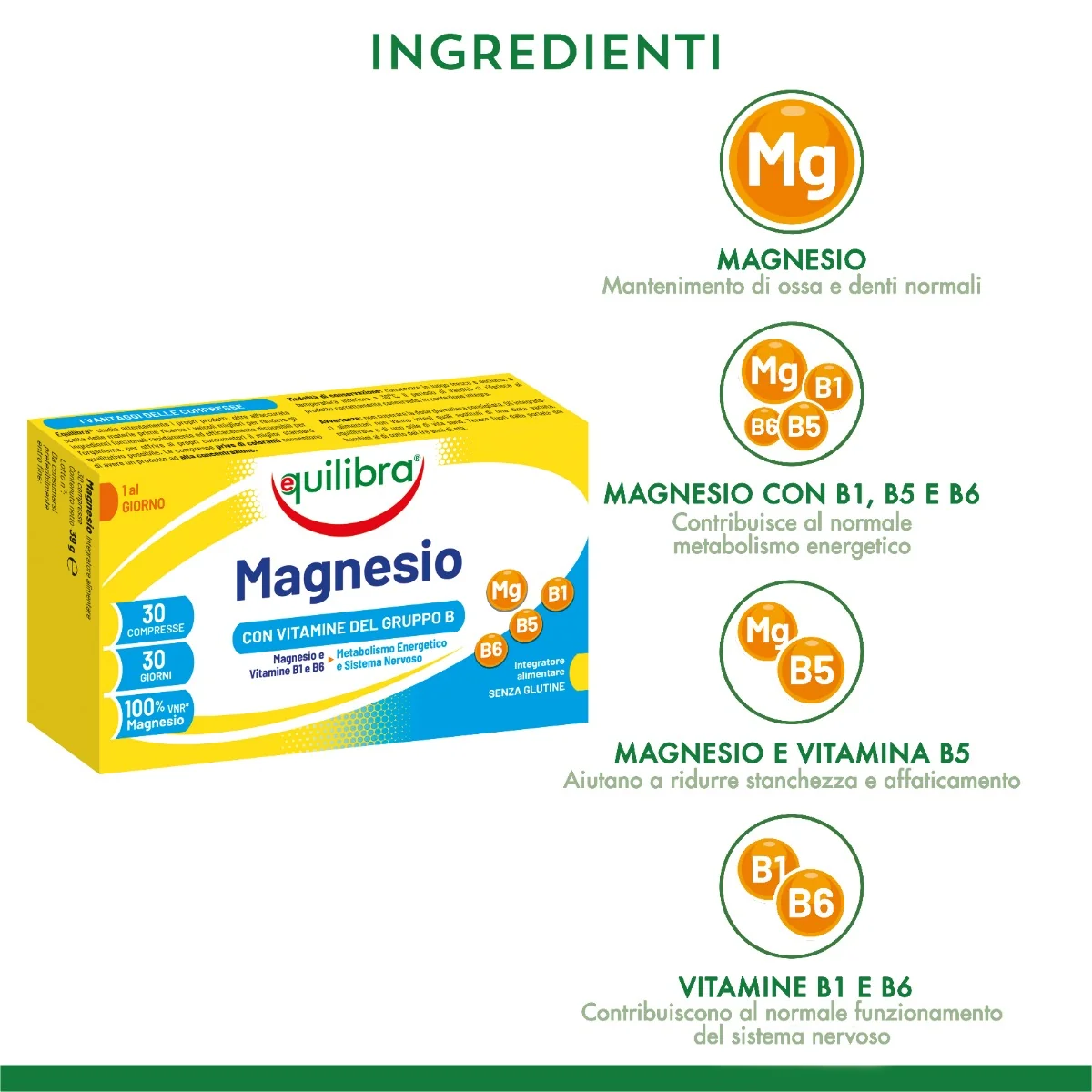 Equilibra Magnesio Con Vitamine Gruppo B 30 Compresse Integratore contro Stanchezza e Affaticamento