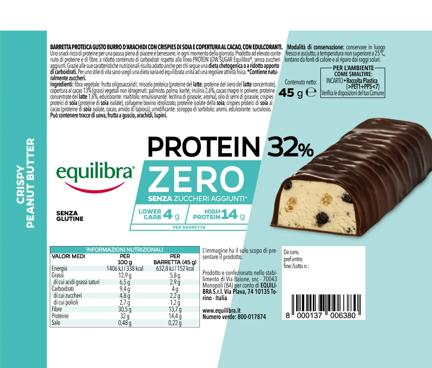 Equilibra Protein 32% Zero Crispy Peanut 45 G Barretta Proteica e Povera di Zuccheri