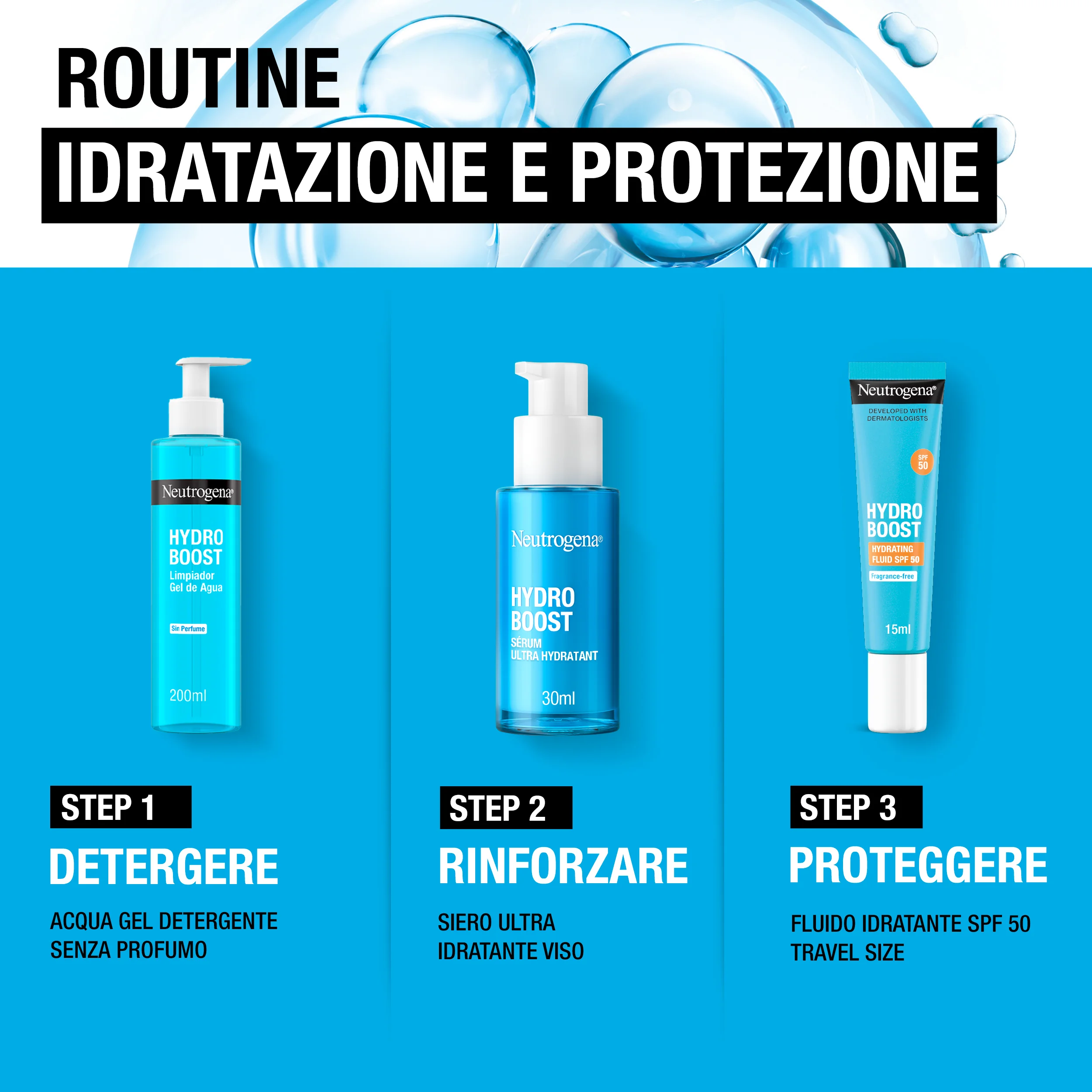 Neutrogena Idratazione e Protezione Hydro Boost Detergente 200 ml + Siero 30 ml + Fluido SPF50 15ml Azione Intensiva
