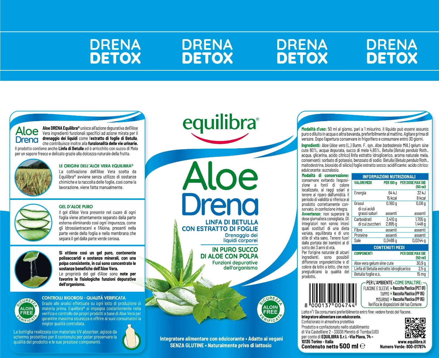 Equilibra Aloe Vera Drena 500 ml Senza Glutine