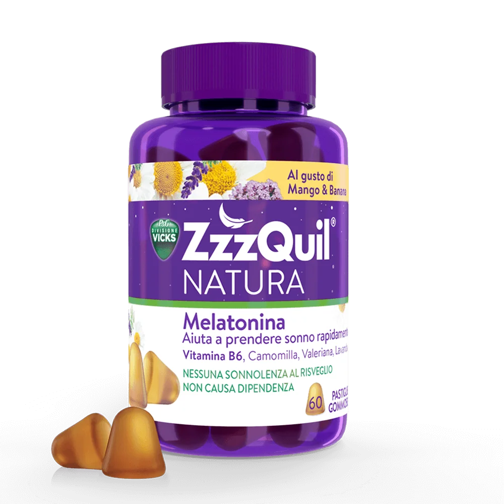 Vicks ZzzQuil Natura Gusto Mango e Banana 60 Pastiglie Gommose Integratore Sonno e Insonnia