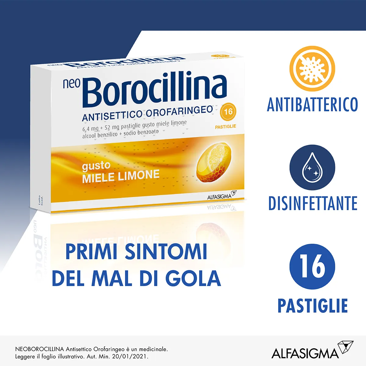 Neo Borocillina Antisettico Orofaringeo 6,4mg + 52mg Limone e Miele 16 Pastiglie