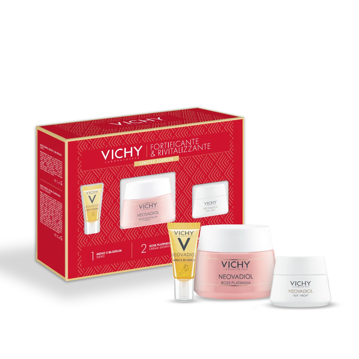 Cofanetto Natale Neovadiol 2023 Neovadiol Meno 5 Bi-Serum Siero + Neovadiol Rose Platinium Crema Giorno + Neovadiol Rose Platinium Crema Notte.