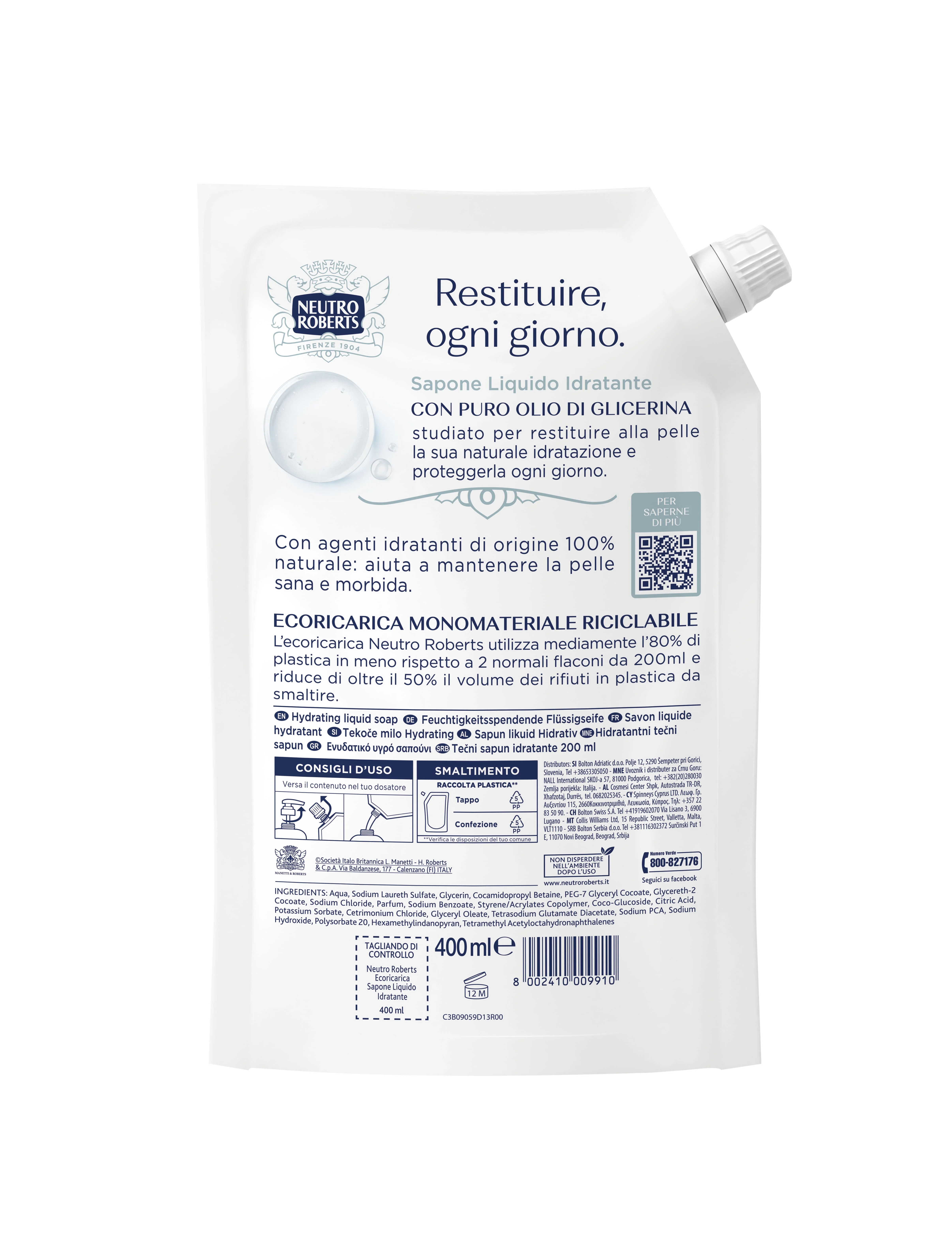 Neutro Roberts Sapone Liquido Ecopouch Idratante 400 ml Con Glicerina di Origine 100% Naturale