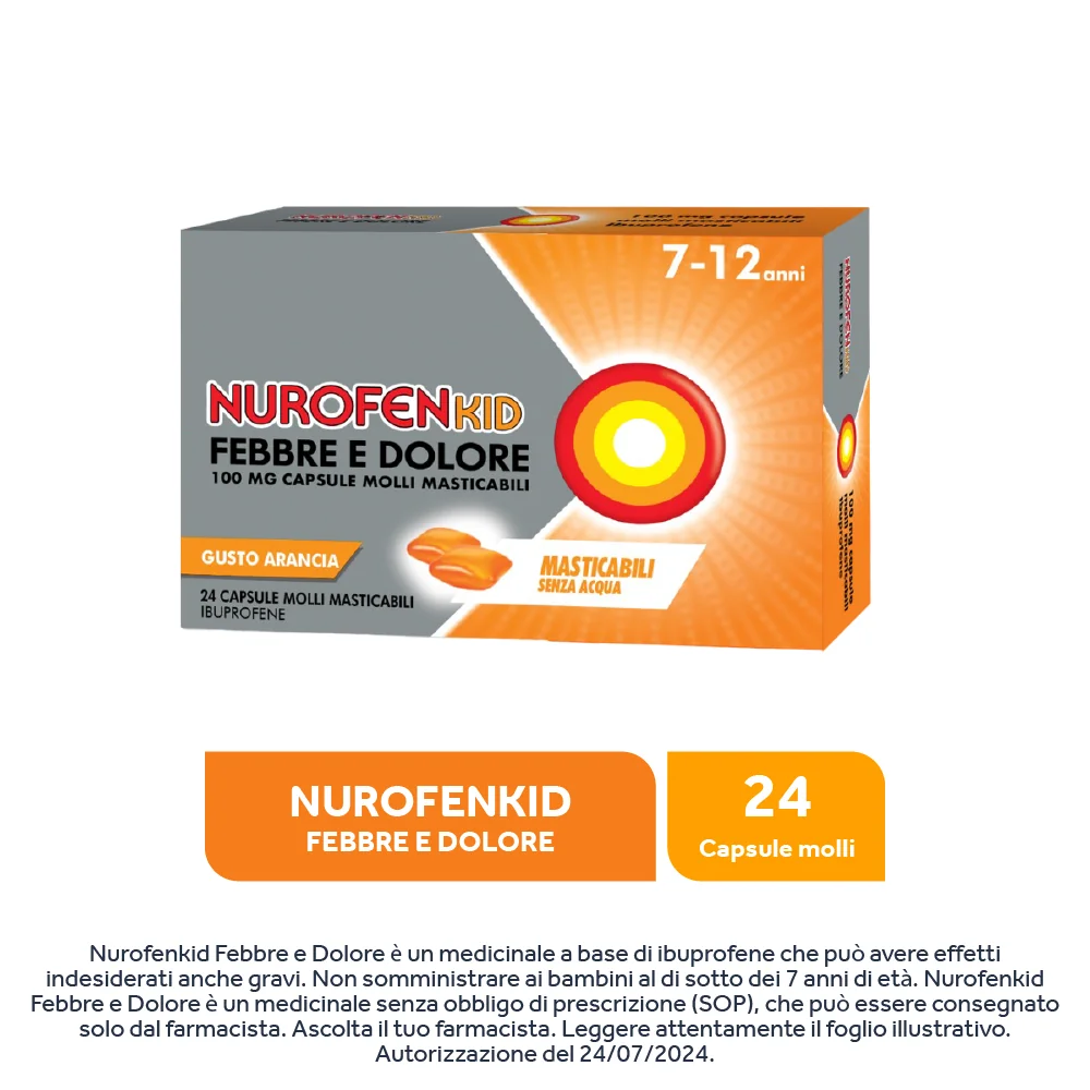 NurofenKid Febbre e Dolore 100 mg Ibuprofene 24 Capsule Molli Masticabili Ibuprofene
