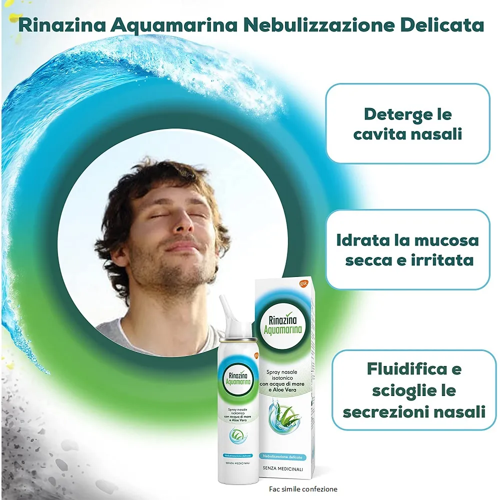 Rinazina Aquamarina Spray Nasale Isotonico con Aloe Vera 100 ml Pulizia Nasale