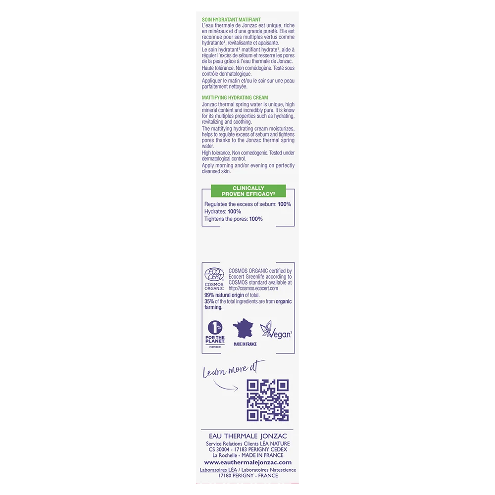 Jonzac Crema Idratante Opacizzante Pure 50 Ml Regola il Sebo in Eccesso