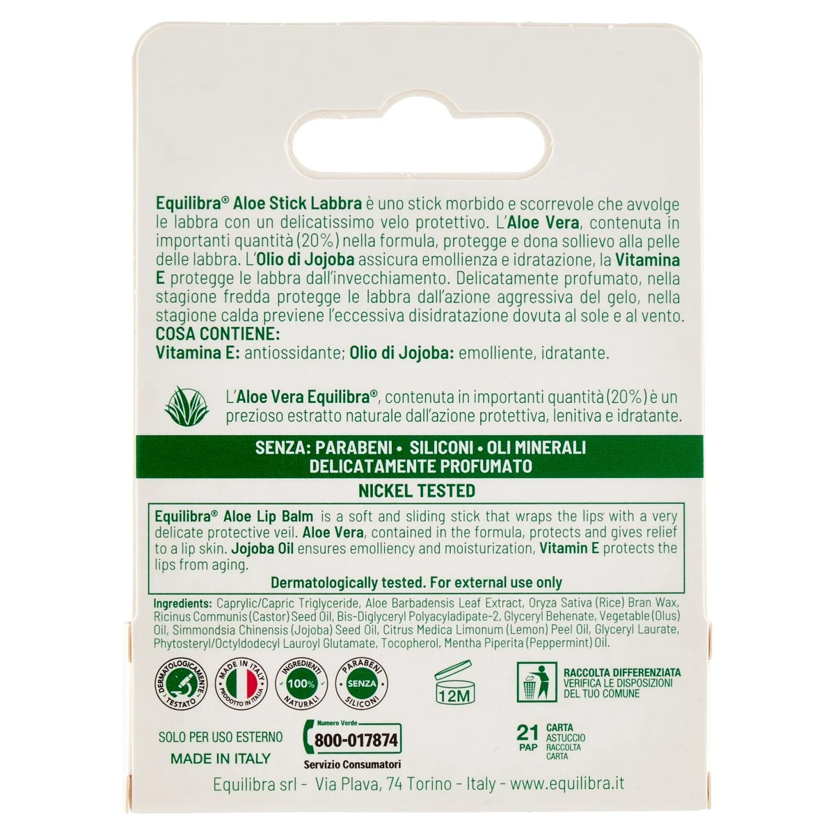 Equilibra Stick Labbra Aloe 5,5 ml 20% Aloe Vera