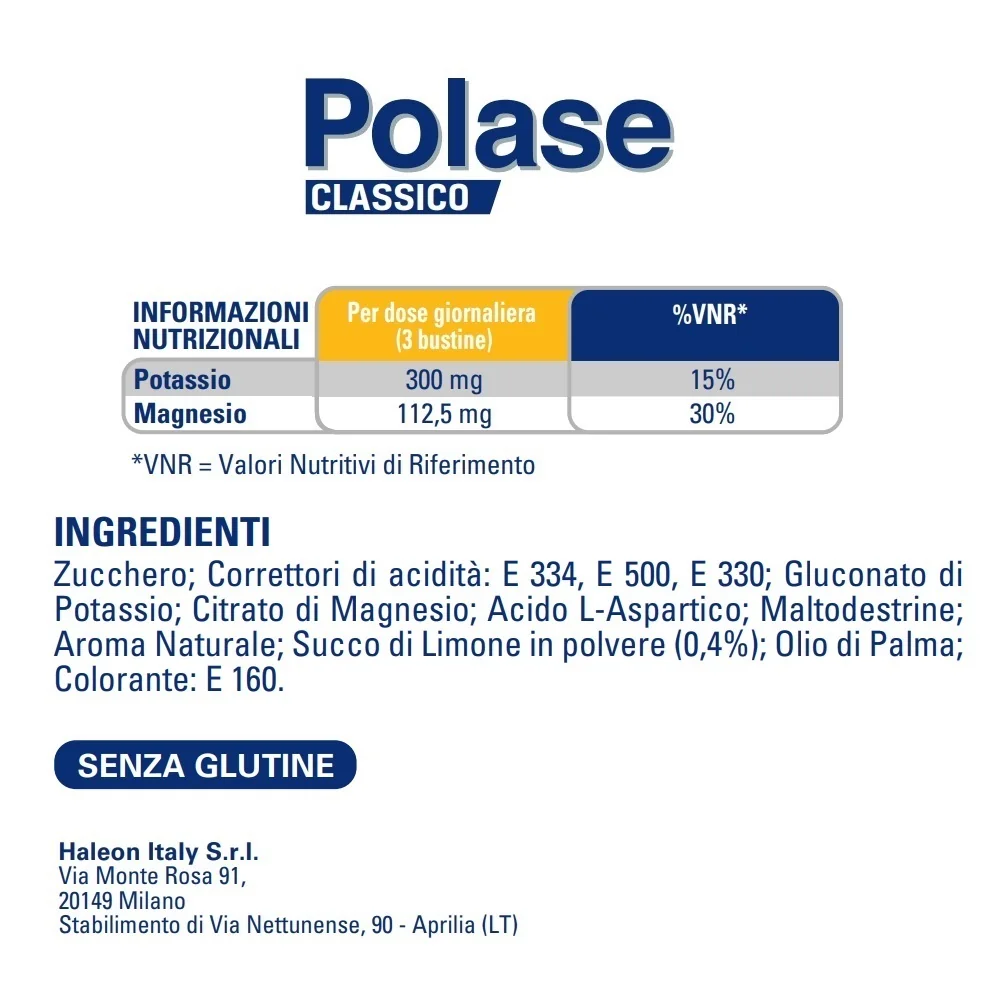Polase Classico Integratore Sali Minerali con Magnesio e Potassio Gusto Limone 12 Bustine Senza Glutine