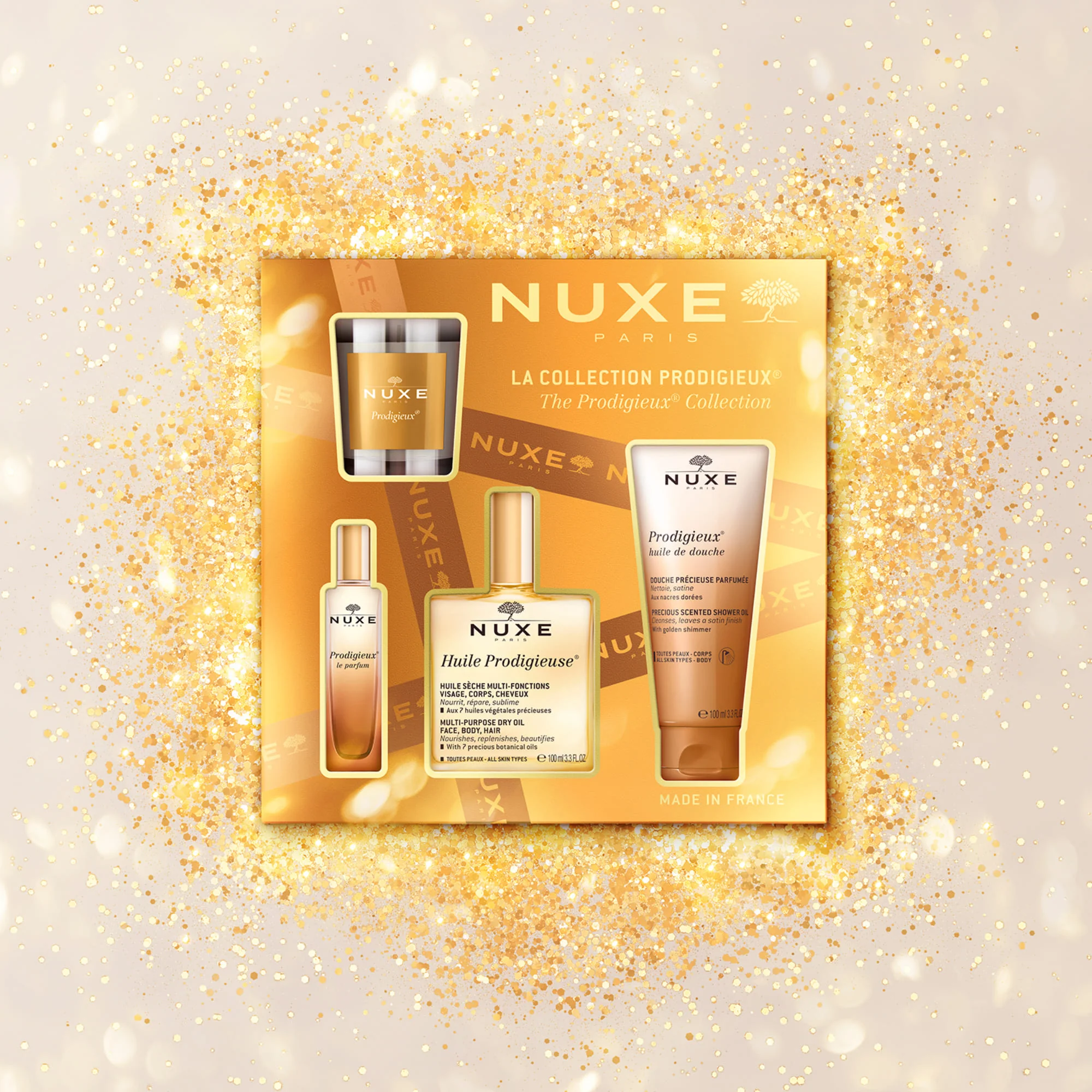 Nuxe Coffret Huile Prodigieuse 2025 Huile Prodigieuse® Classico 100 ml + Prodigieux Le Parfum 15ml + Prodigieux Olio Doccia 100ml + Candela per ambienti Prodigieux® 60 gr