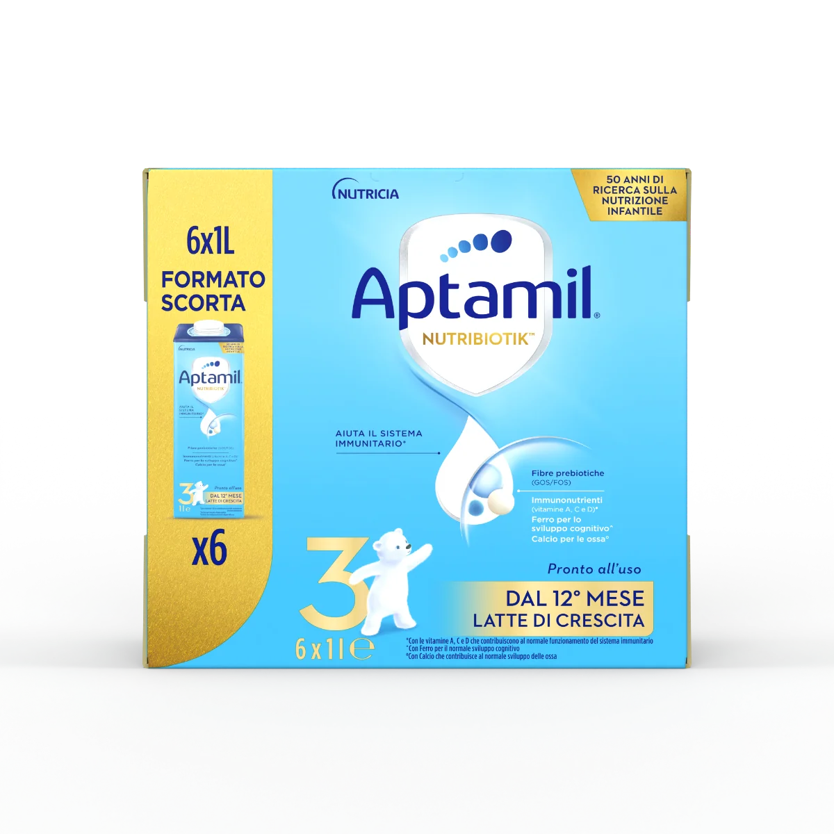 APTAMIL Nutribiotik 3 Latte di Crescita Liquido Formato Convenienza da 6 litri (6x1L) Latte di Crescita Liquido per Bambini dai 12 mesi