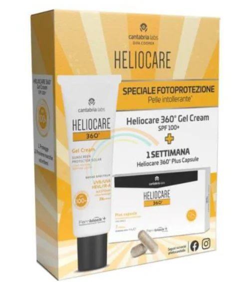 Heliocare 360° Gel Cream 100+ 50 Ml + Heliocare 360° Plus 7 Capsule Campione Per Pelli Inclini a Eritemi