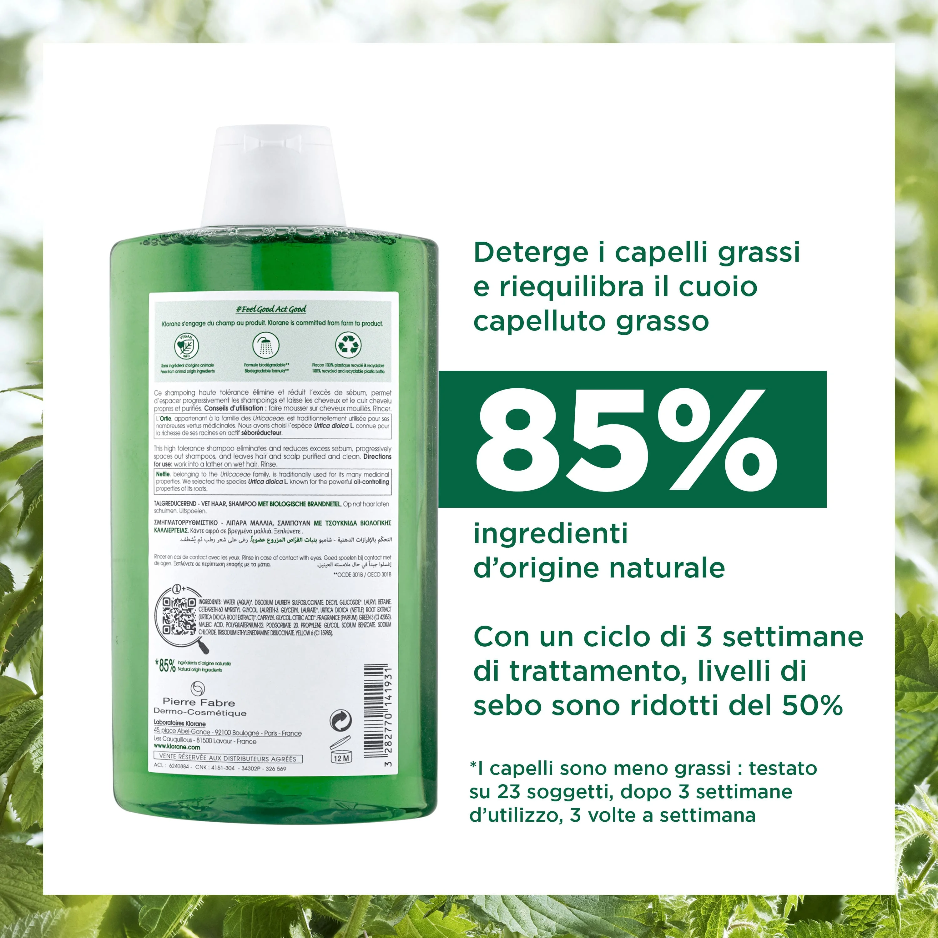 Klorane Shampoo Seboriduttore all'Ortica Purificante ed Equilibrante 400 ml Capelli Grassi