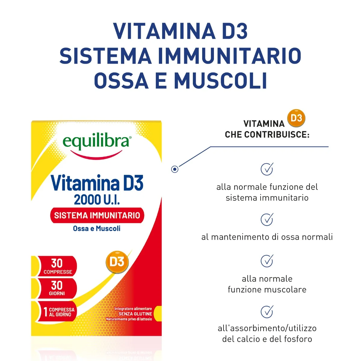 Equilibra Vitamina D3 2000 U.I. 30 Compresse Integratore per Sistema Immunitario