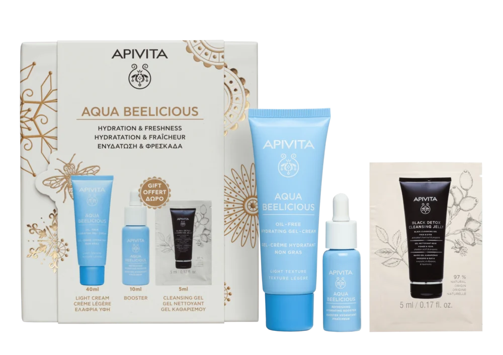 Apivita Aqua Beelicious Cofanetto 2025 Gel-Crema Idratante Oil Free Texture Leggera + Booster Idratante Rinfrescante + Gel Detergente Nero - Viso & Occhi