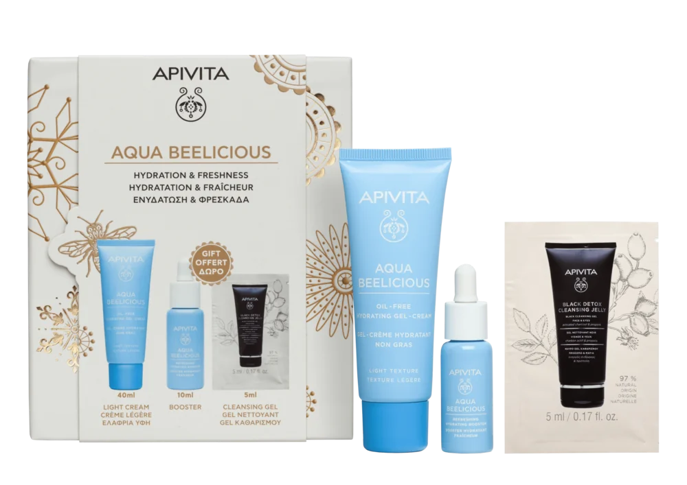 Apivita Aqua Beelicious Cofanetto 2025 Gel-Crema Idratante Oil Free Texture Leggera + Booster Idratante Rinfrescante + Gel Detergente Nero - Viso & Occhi