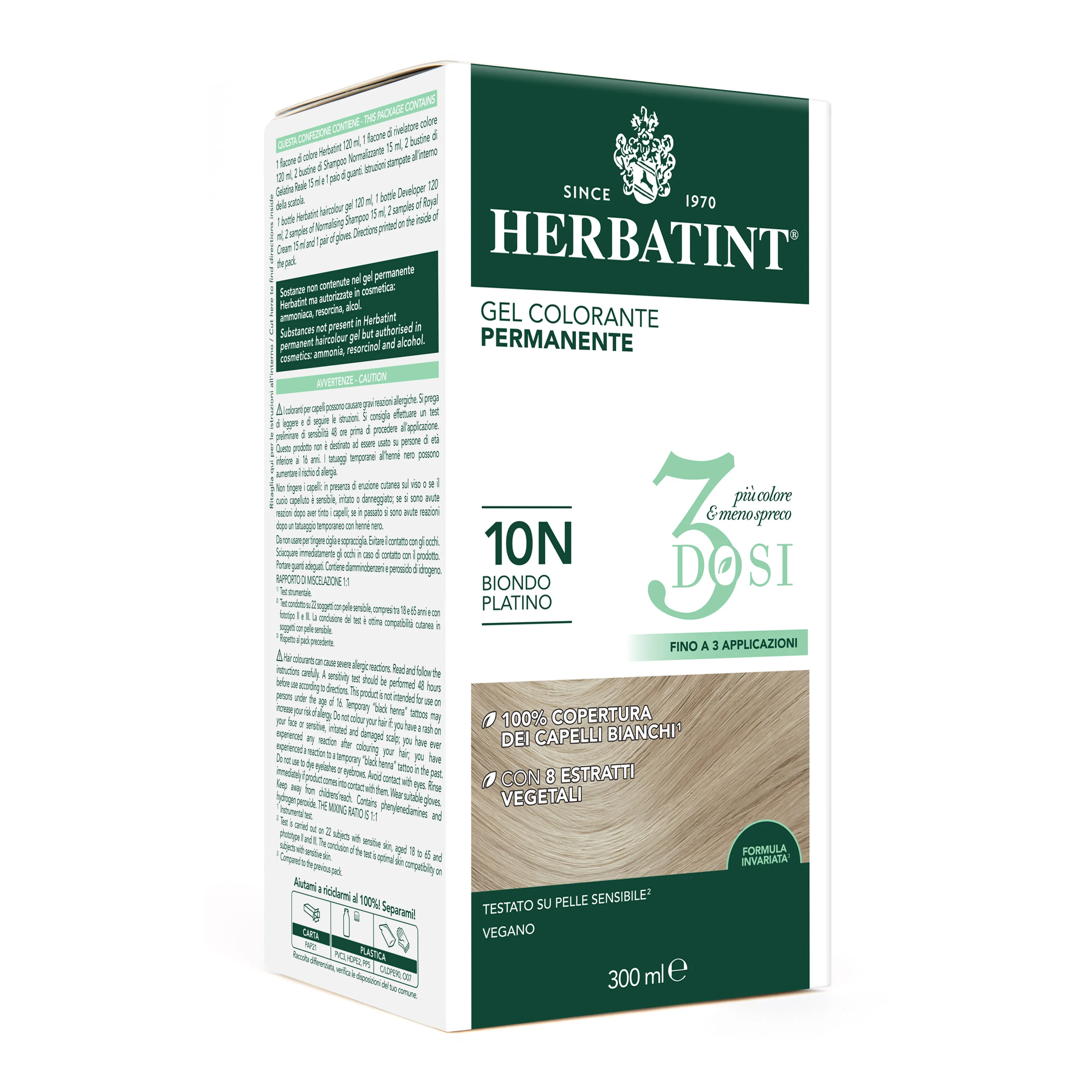 Herbatint Tintura Capelli Gel Permanente 3Dosi 10N Biondo Platino 300 ml 