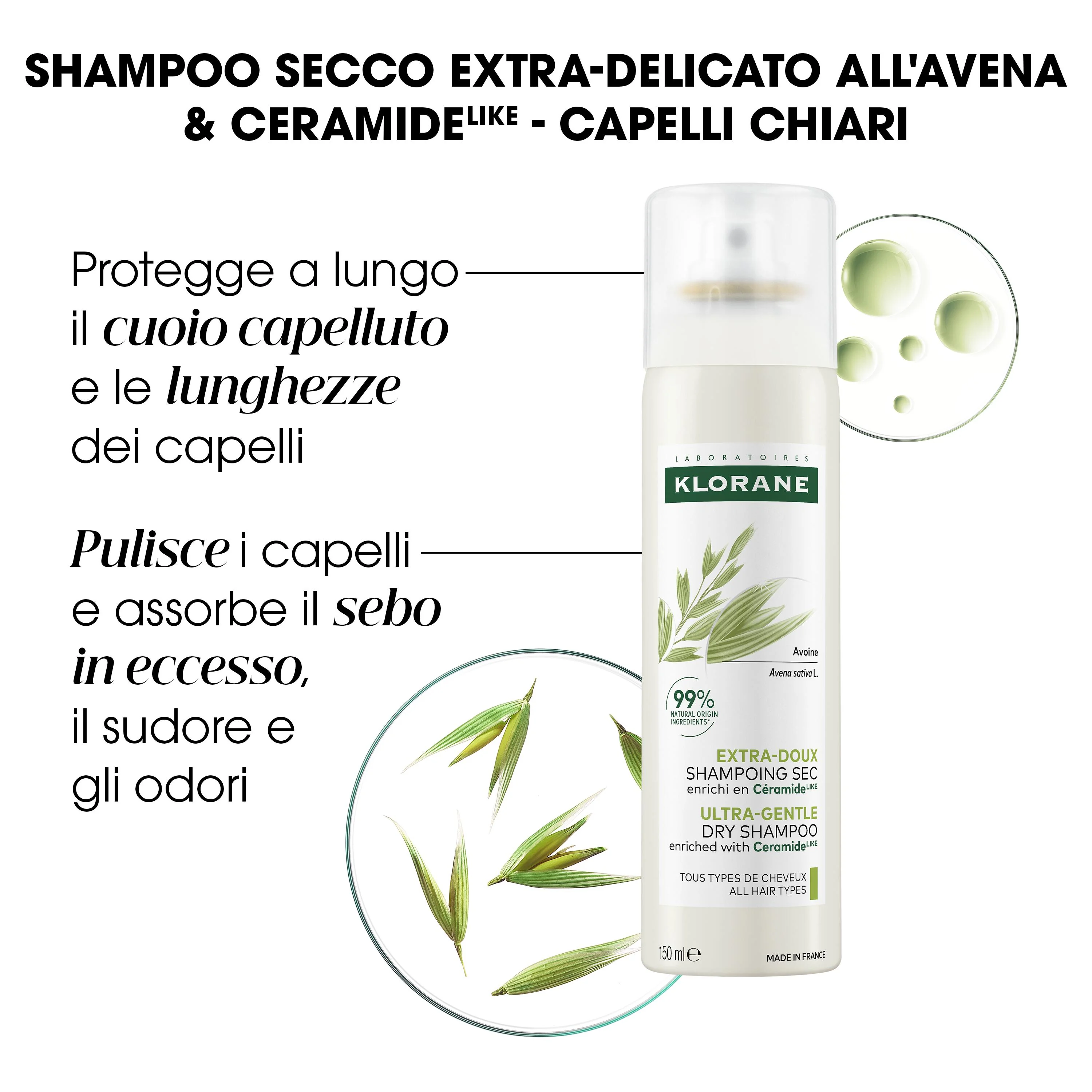 Klorane Shampoo Secco Extra-Delicato all’Avena & Ceramideᴸᴵᴷᴱ 150 ml Tutti i Tipi di Capelli