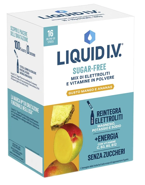 Liquid I.V. Sugar Free  Mango e Ananas 16 stick. Integratore con Elettroliti Senza Zuccheri per l’idratazione Quotidiana