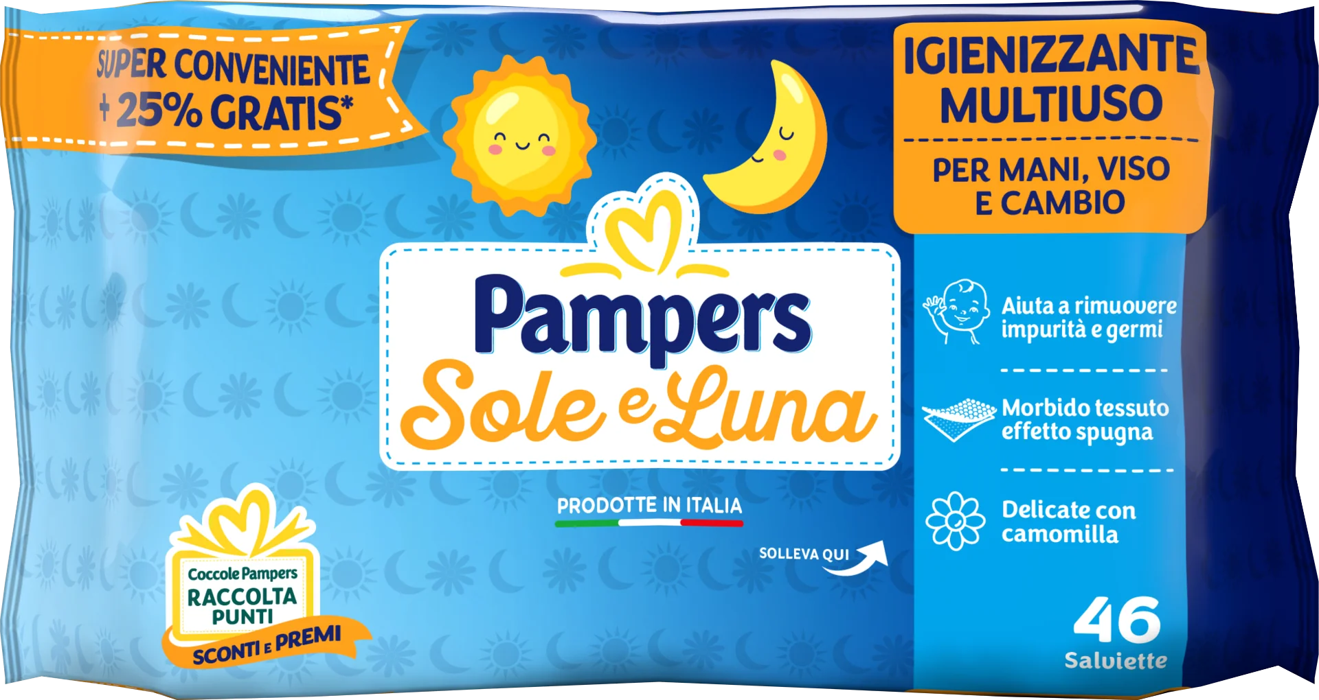 Pampers Wipes Sole & Luna 46 Pezzi Rimuovono Impurità e Germi