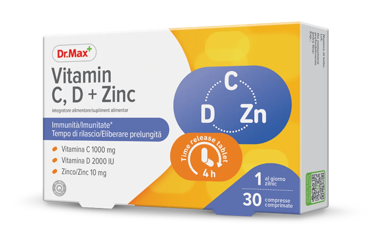 Dr. Max Vitamina C, D + Zn 30 Compresse Supporta il Sistema Immunitario