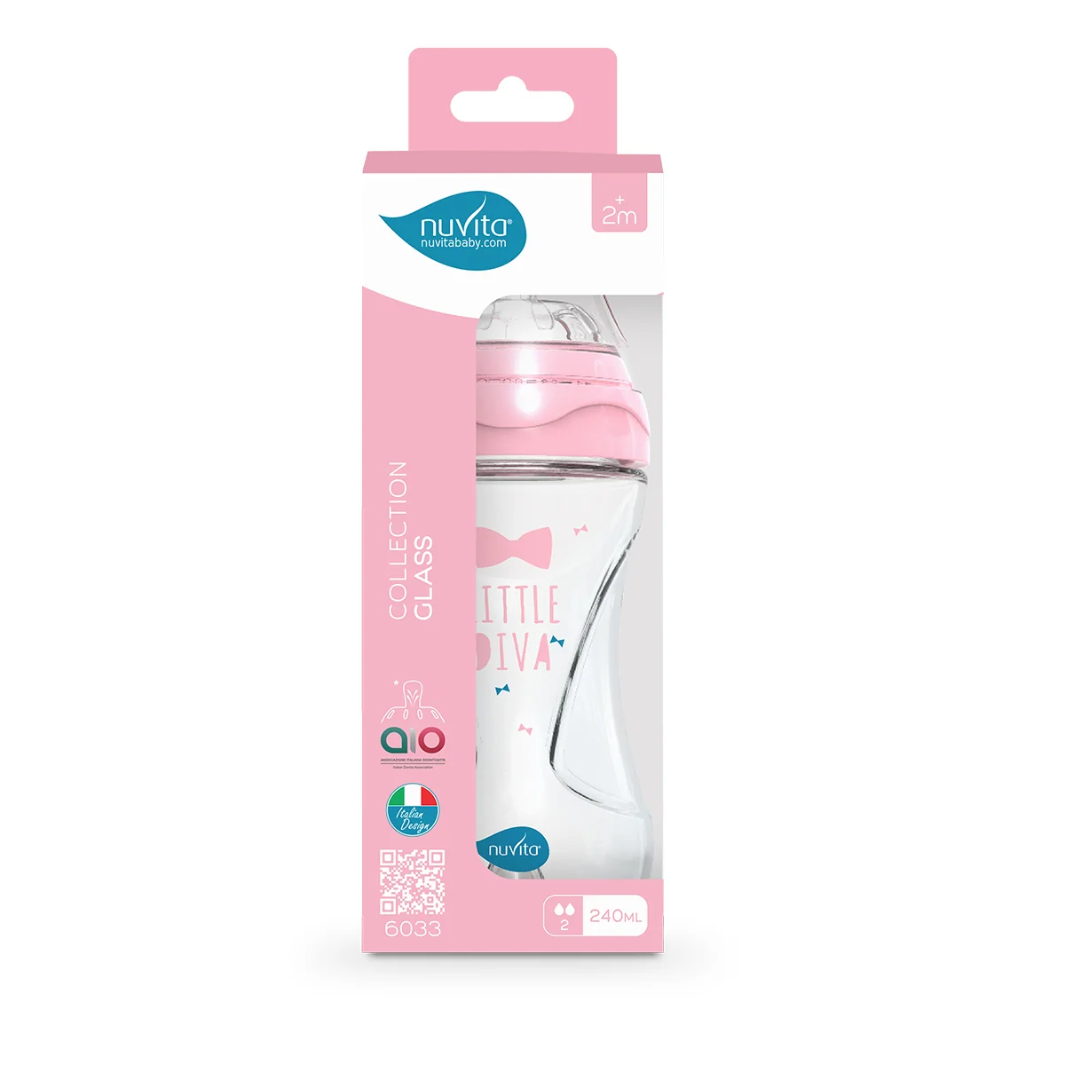 Nuvita Collection Glass Biberon Vetro Con Valvola Riduci Coliche 240 ml, Rosa