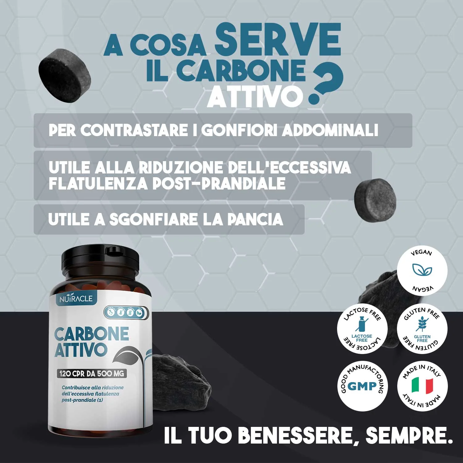 Nutracle Carbone Attivo 120 Compresse Disturbi Digestivi e Meteorismo