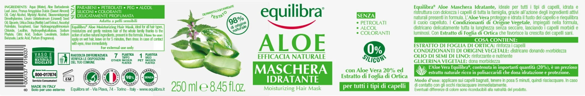 Equilibra Aloe Maschera Idratante 250 Ml Ristruttura i Capelli