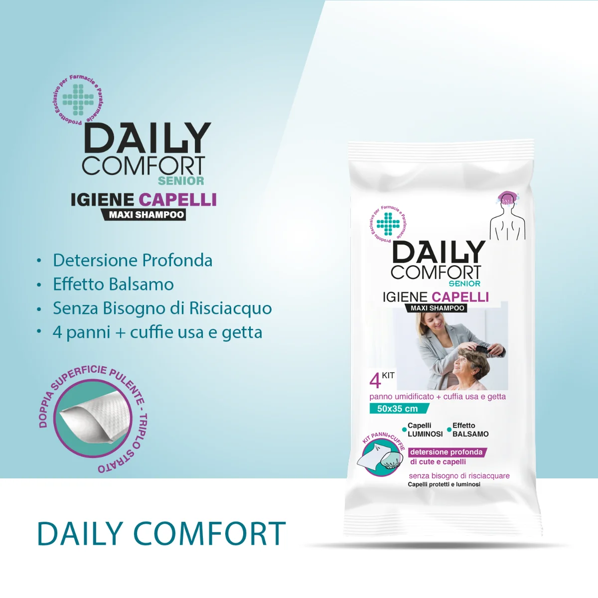 Daily Comfort Senior Panni Shampoo 4 Pezzi Pulizia dei Capelli