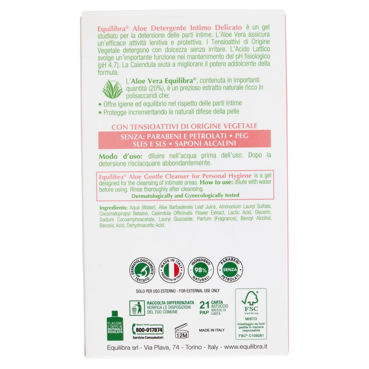 Equilibra Aloe Detergente Intimo Delicato 200 ml Idratante