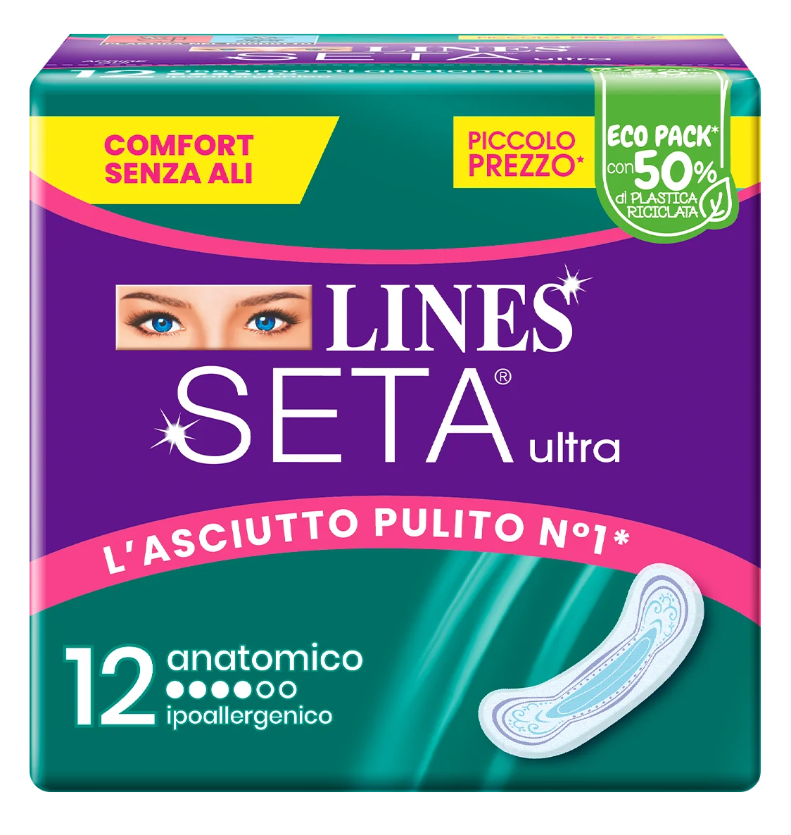 Lines Seta Ultra Assorbenti Anatomico Dwct 12 Pezzi Ipoallergenico