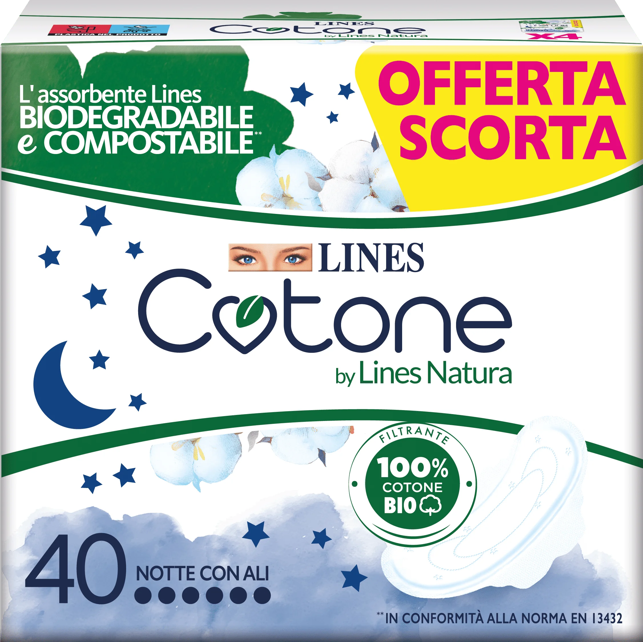 Lines Quadripack Cotone Ali Notte x 32+8 Assorbenti