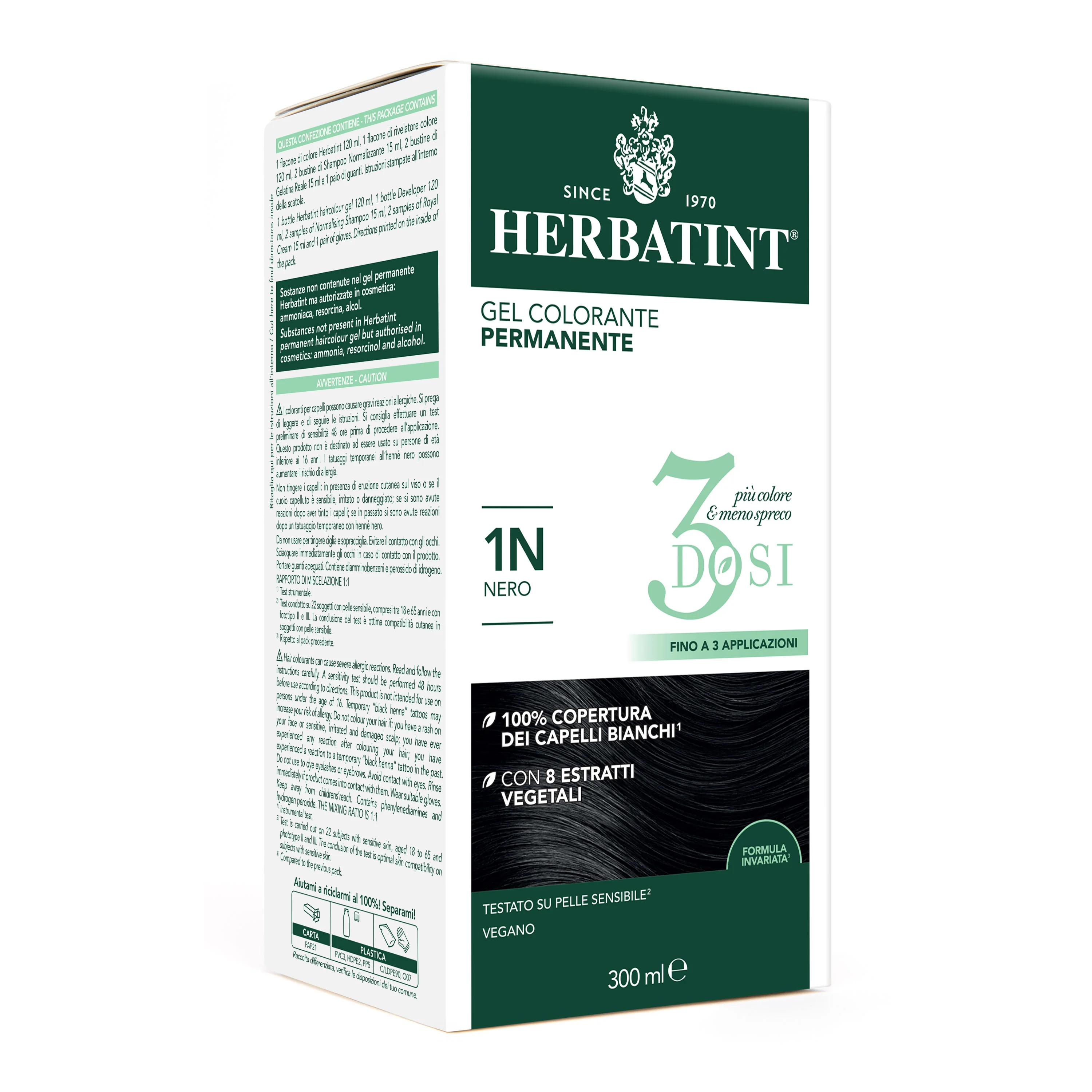 Herbatint Tintura Capelli Gel Permanente 3Dosi 1N Nero 300 ml 