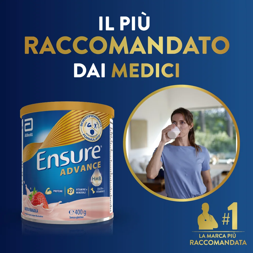 Ensure Advance 400 g Gusto Fragola Integratore Alimentare Proteico e Multivitaminico con HMB Formato Polvere