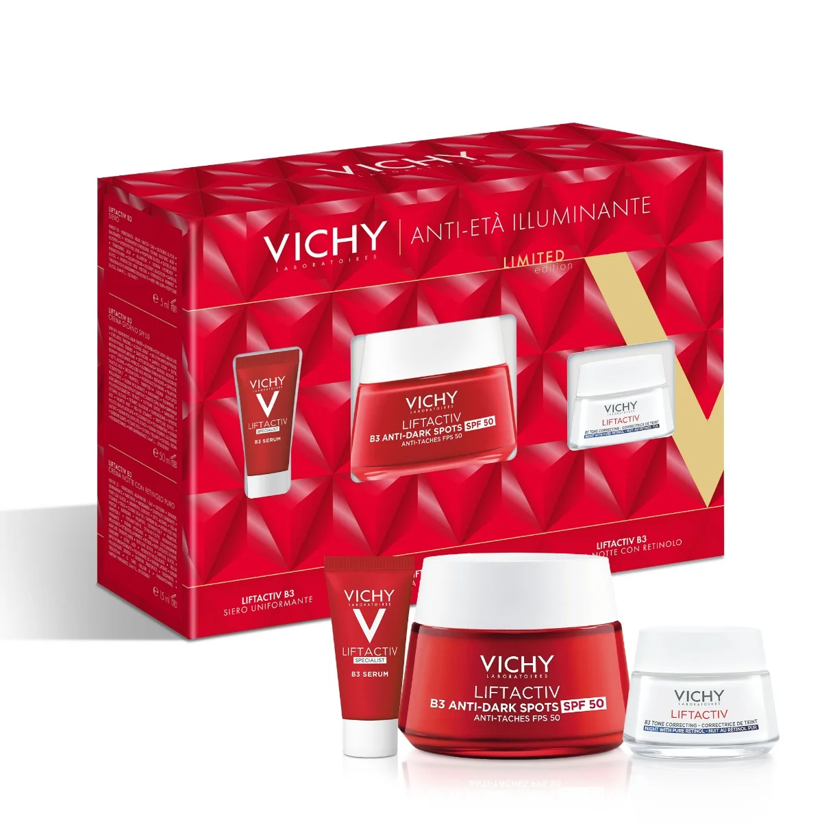 Cofanetto Vichy Liftactiv Antietà Illuminante Crema B3 SPF50 50 ml + Lift Specialist B3 Siero 5 ml + Liftactive Supreme Notte 15 ml
