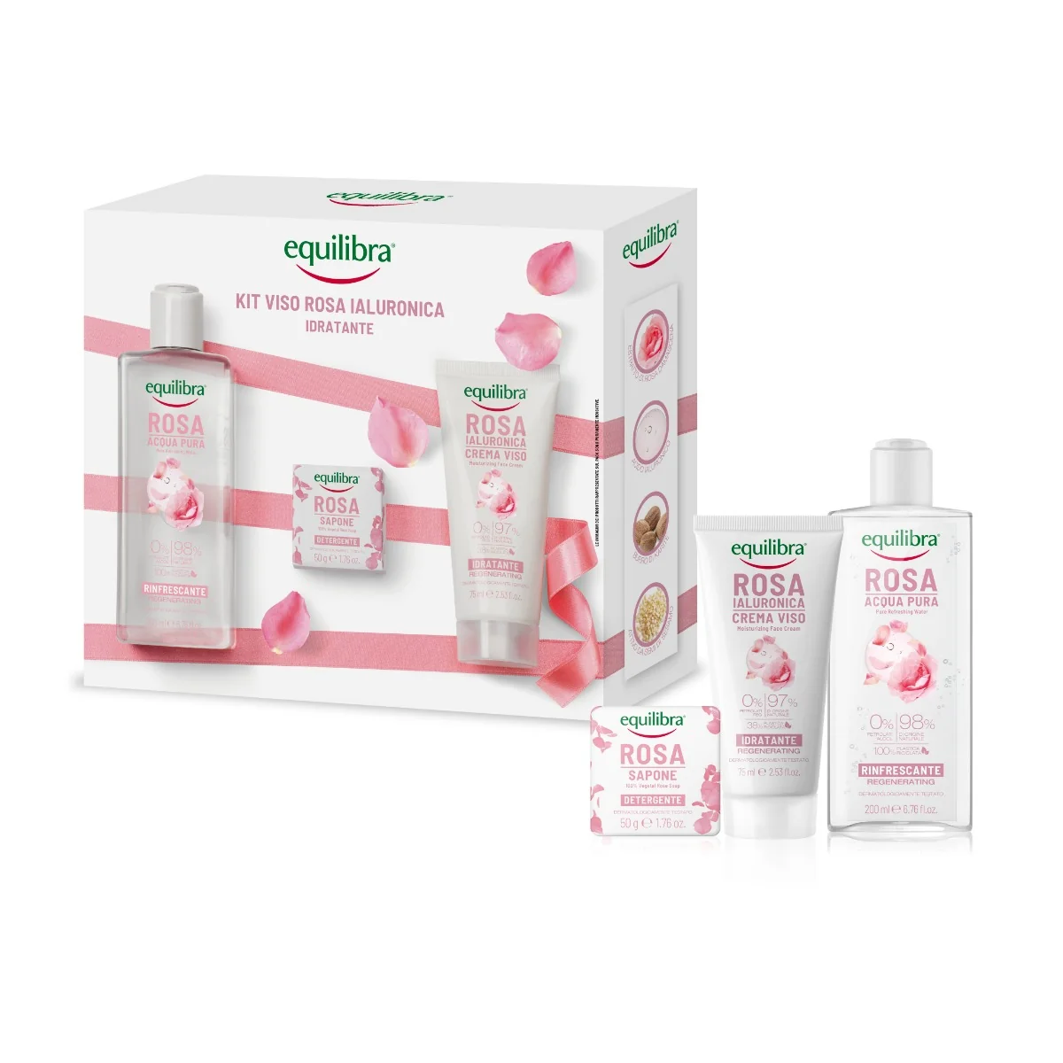 Equilibra Viso Kit Rosa Ialuronica Idratante Acqua Pura Rinfrescante 200 ml + Sapone Detergente 50 g + Crema Viso Idratante 75 ml