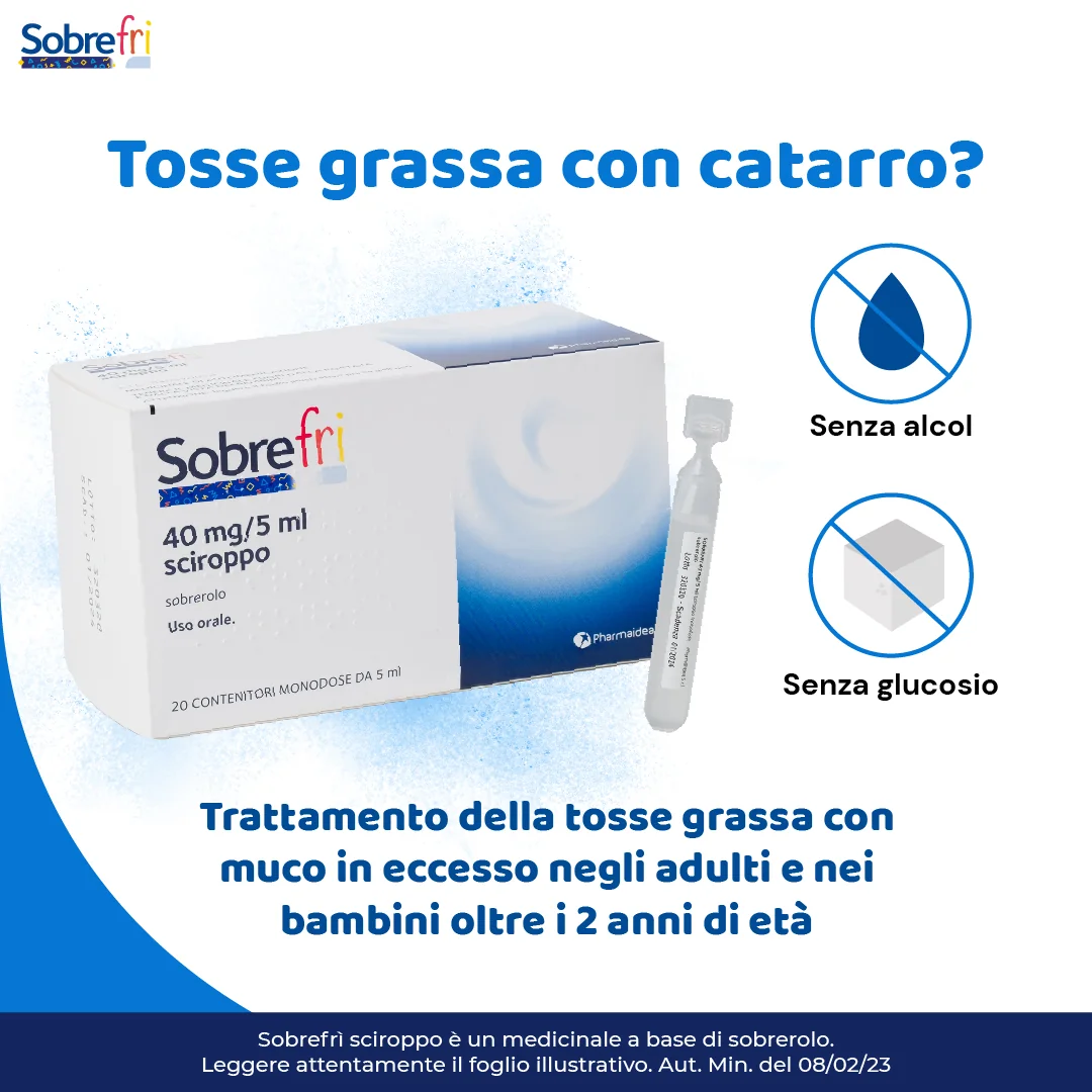 Sobrefri Sciroppo Mucolitico Tosse Grassa 2 Anni+ 20 Flaconcini 40 Mg/5 Ml SENZA ZUCCHERO