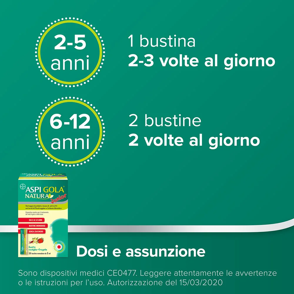 Aspi Gola Natura Junior Sciroppo 16 Bustine Mal di Gola e Tosse