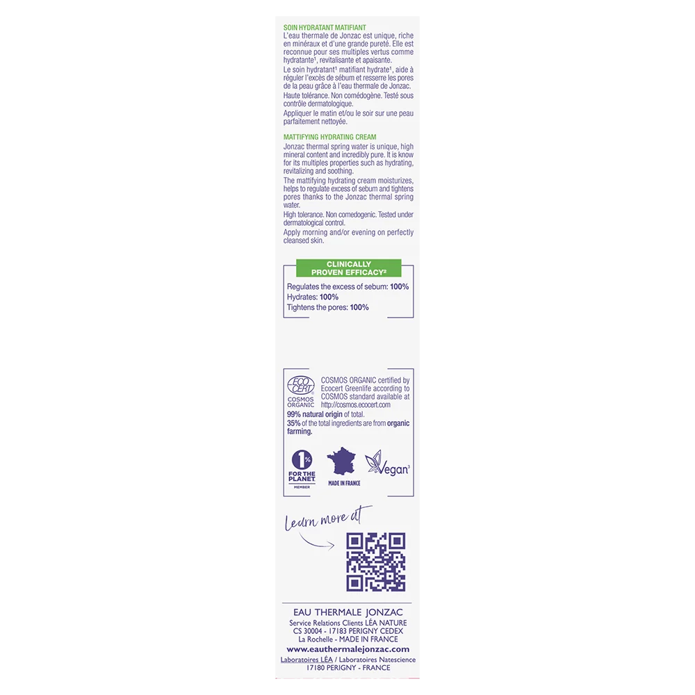 Jonzac Crema Idratante Opacizzante Pure 50 Ml Regola il Sebo in Eccesso