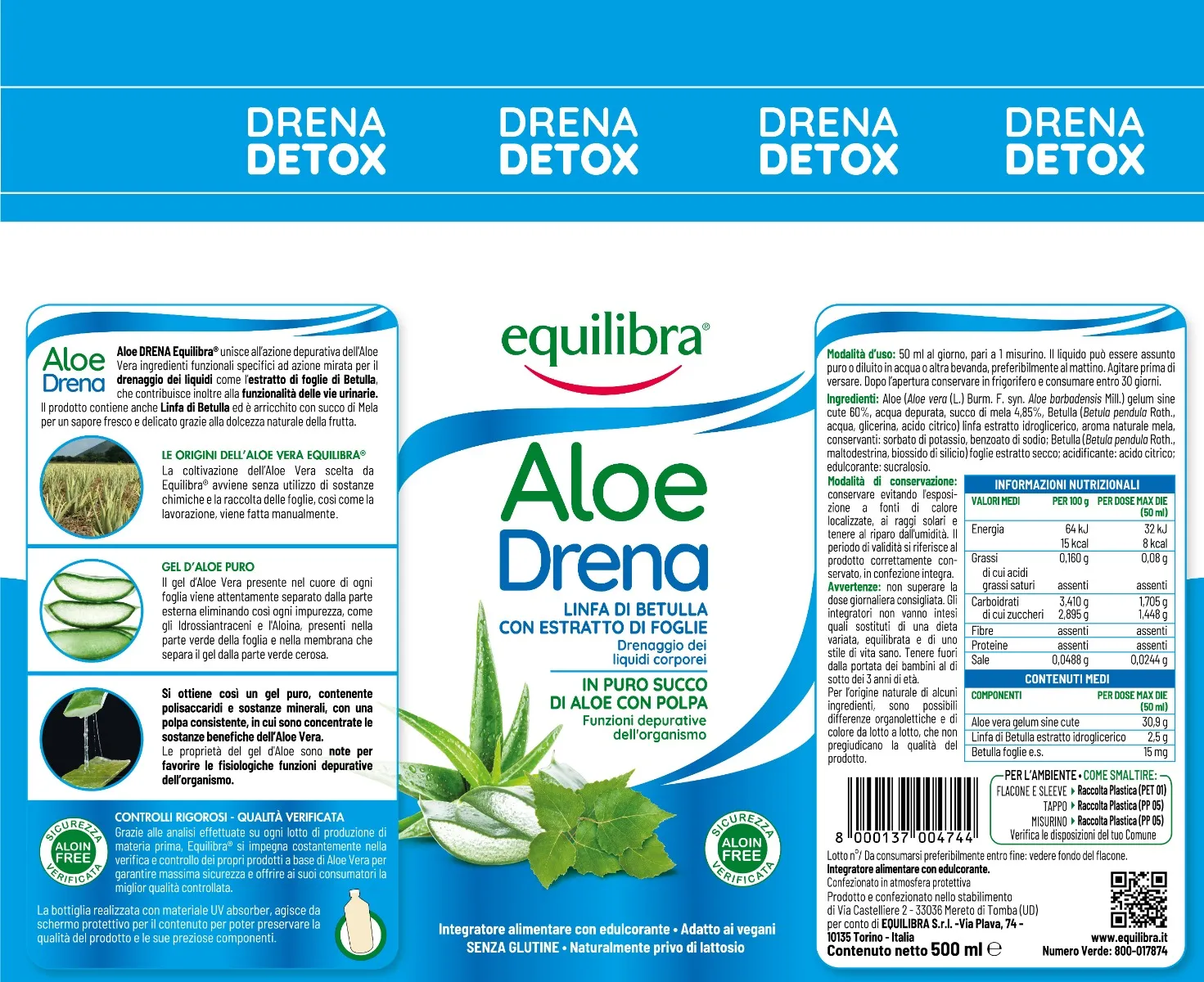 Equilibra Aloe Vera Drena 500 ml Senza Glutine