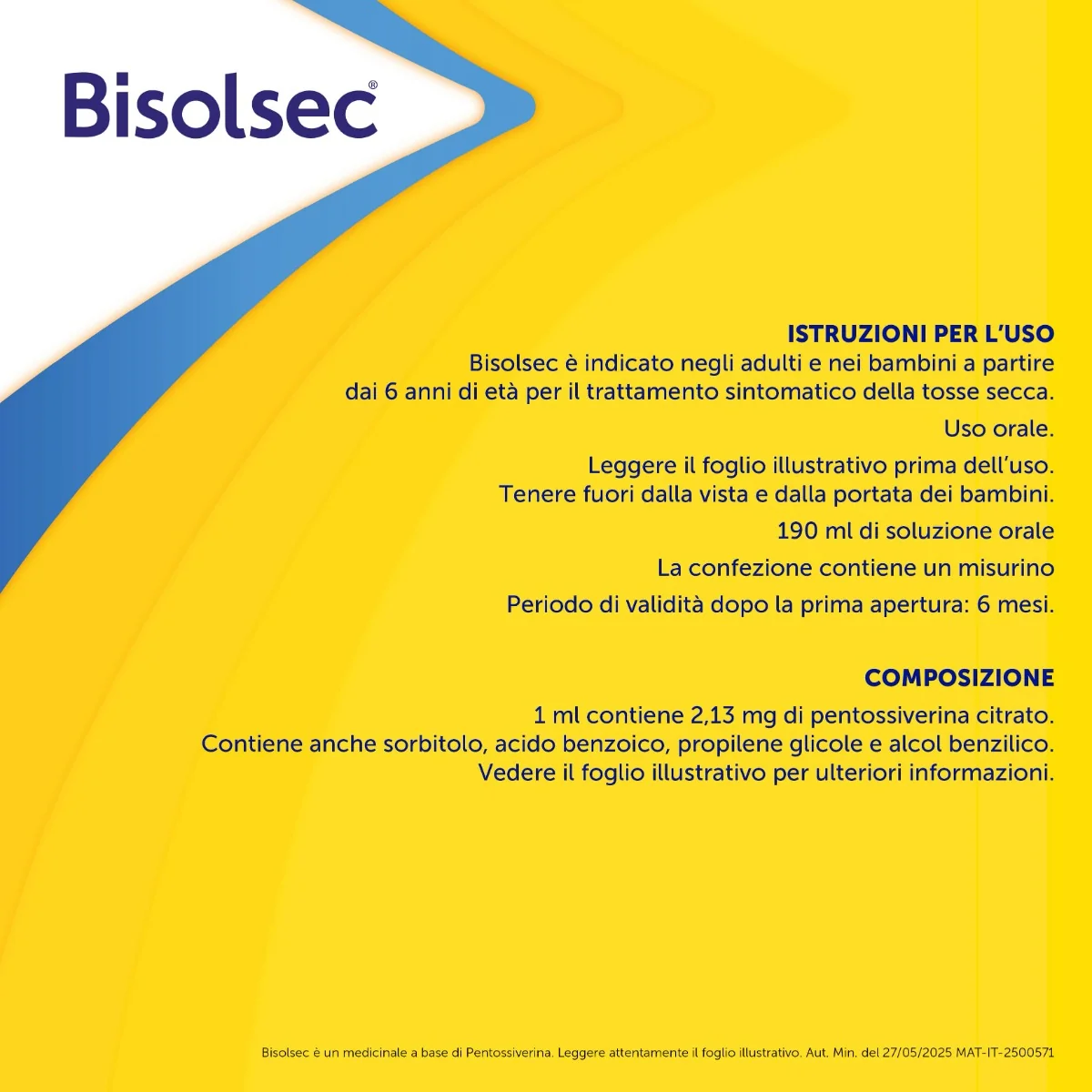 Bisolsec Soluzione Orale 190 Ml 2,13 Mg/Ml Trattamento Sintomatico Tosse Secca