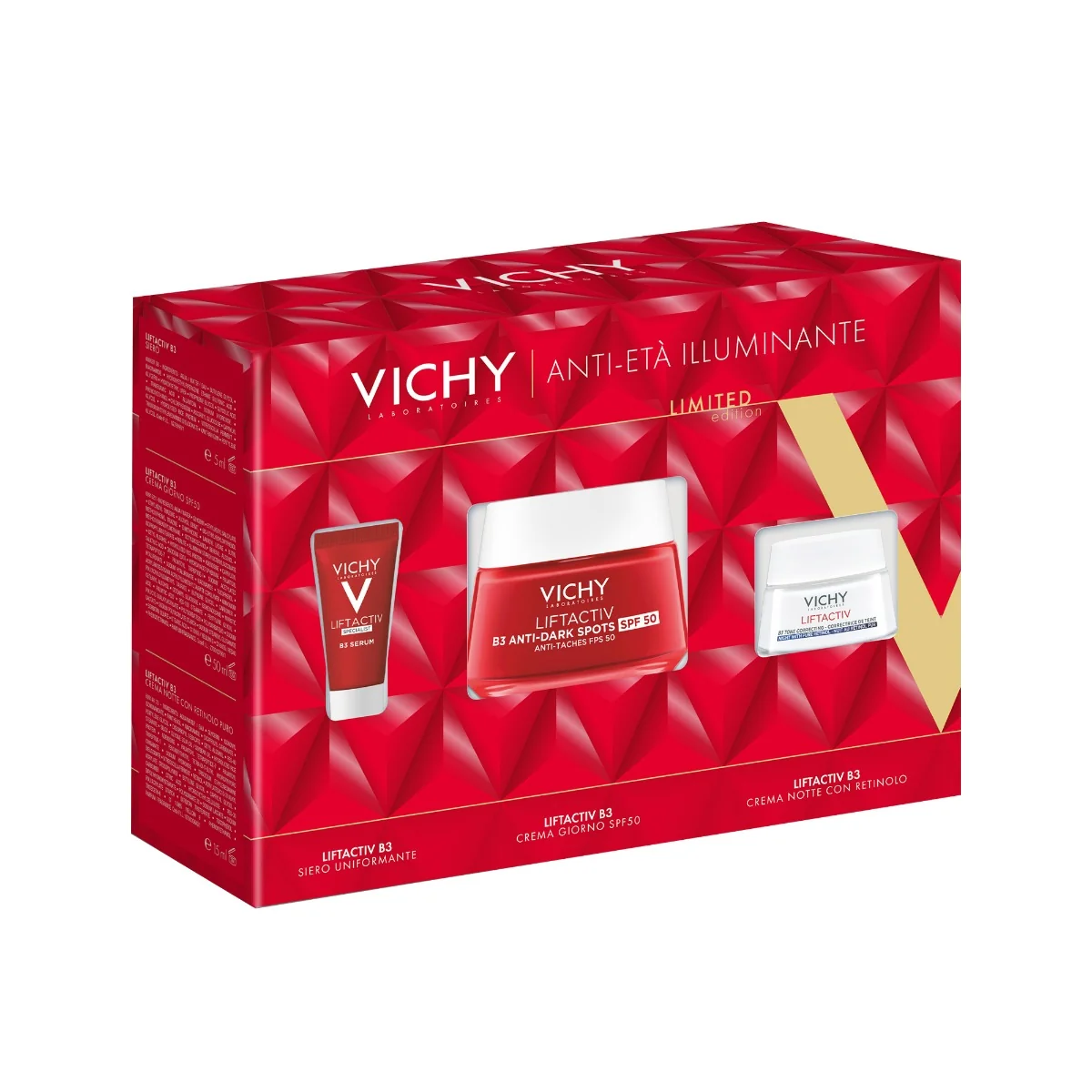 Cofanetto Vichy Liftactiv Antietà Illuminante Crema B3 SPF50 50 ml + Lift Specialist B3 Siero 5 ml + Liftactive Supreme Notte 15 ml