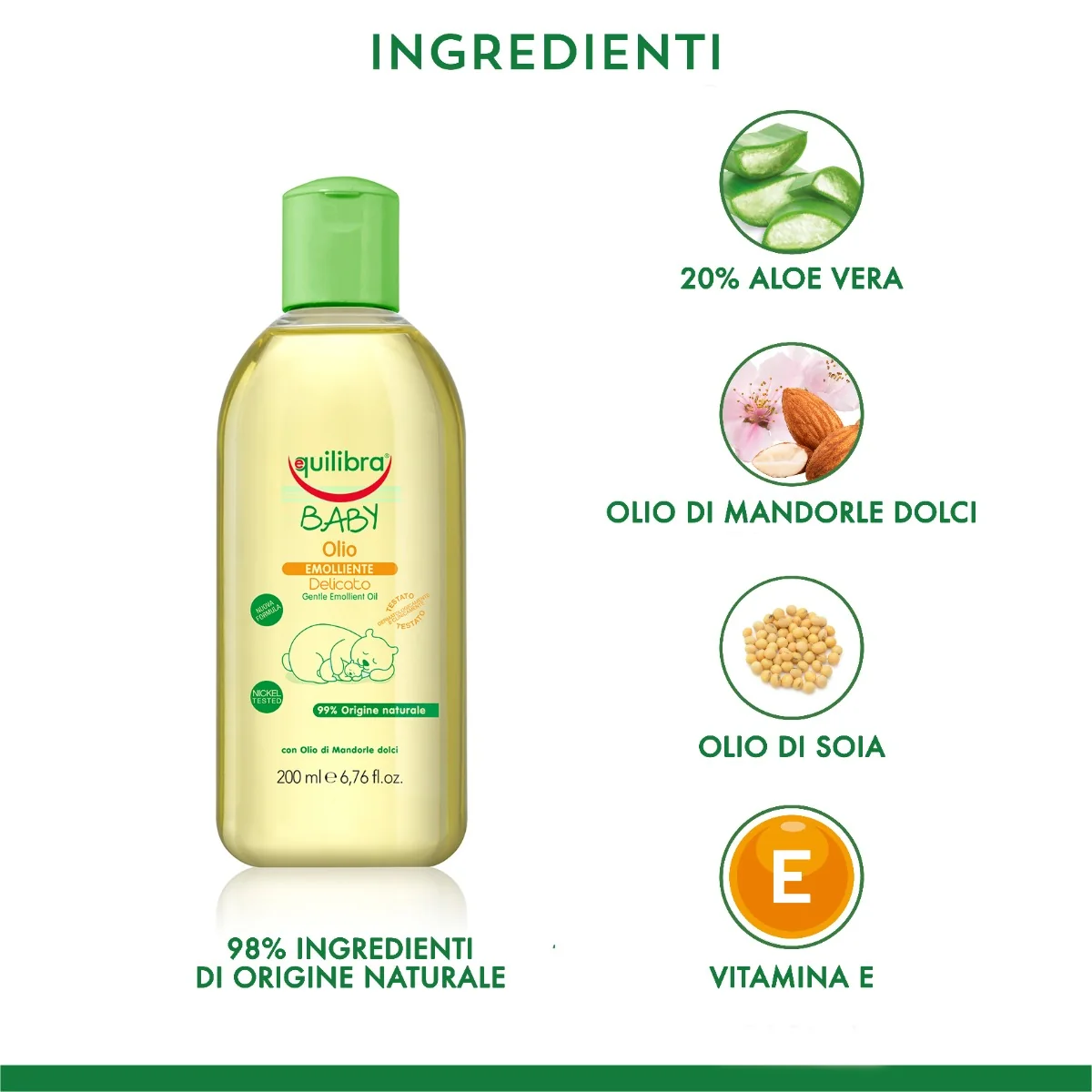 Equilibra Olio Naturale Emolliente Baby 200 Ml con Olio di Mandorle Dolci
