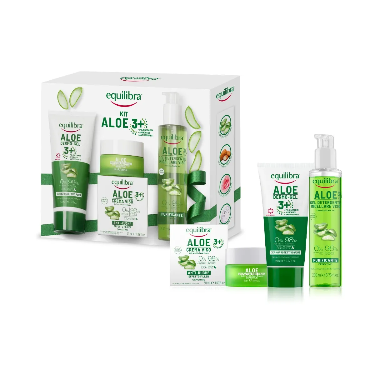 Equilibra Viso Kit Aloe 3+ Gel Dermoprotettivo Plus 150 ml + Crema Viso Anti Rughe Effetto Filler 50 ml + Gel Detergente Micellare 200 ml